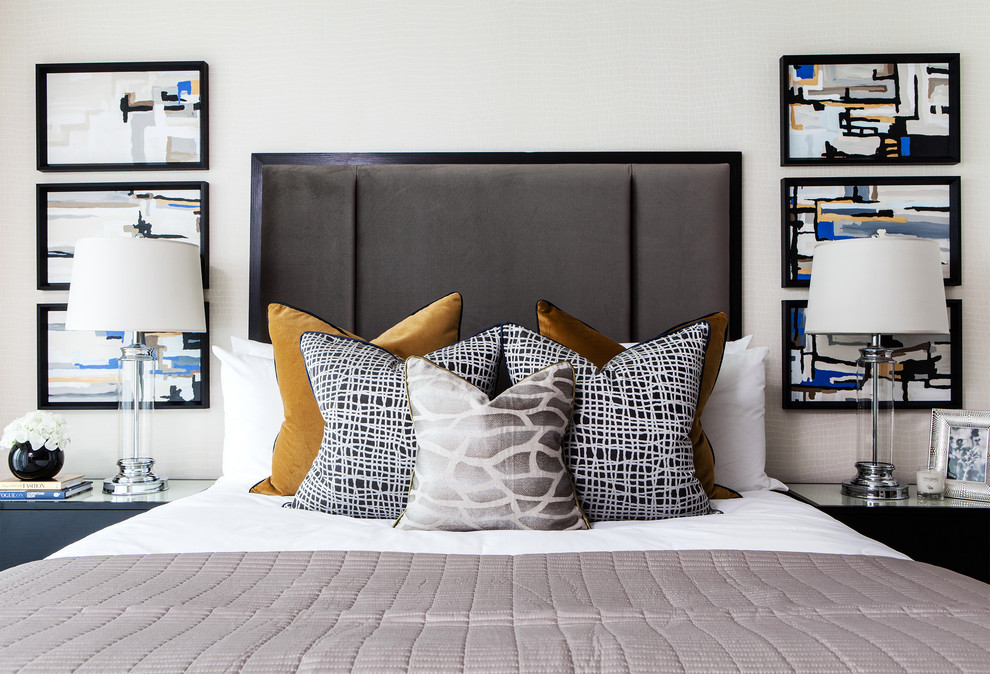 Trendy bedroom photo in London with white walls