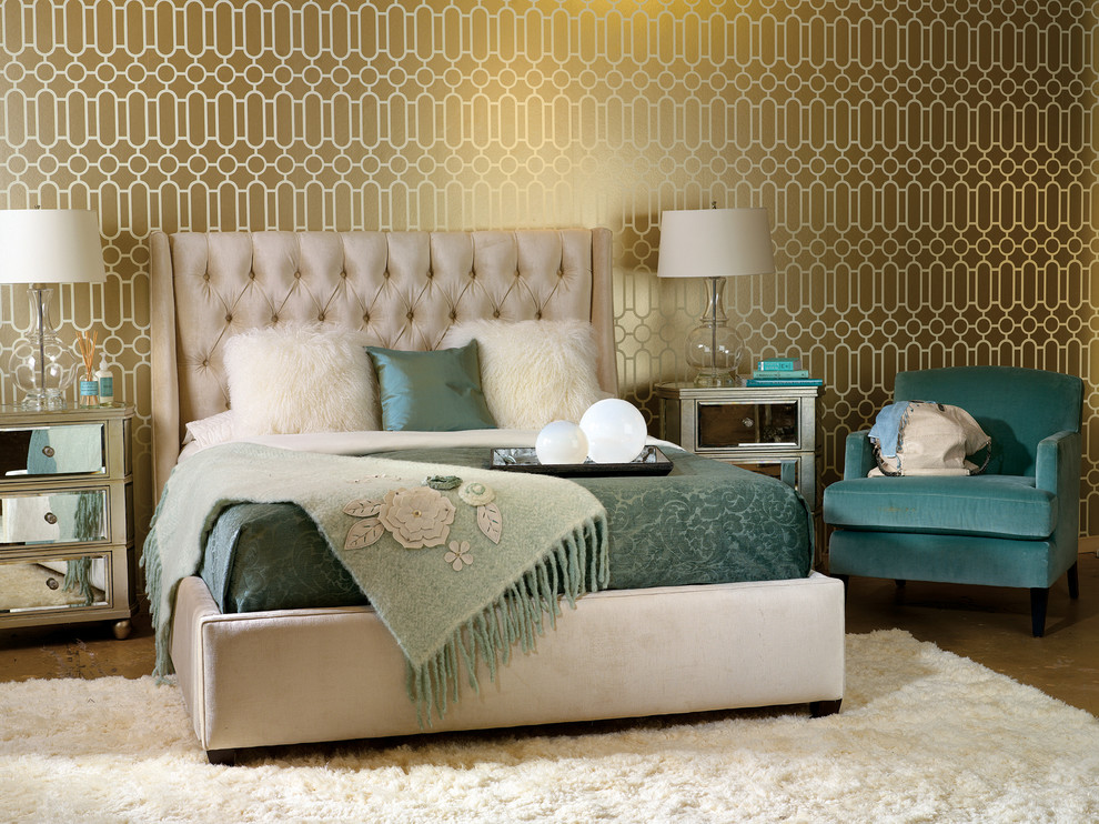 Example of a transitional bedroom design in Houston with green walls