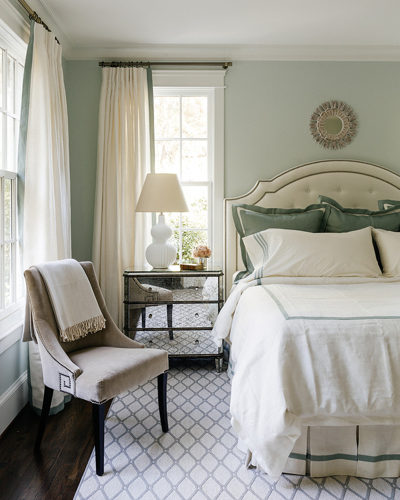 Inspiration for a traditional master bedroom in Charlotte with green walls.