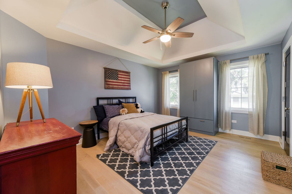 Mittelgroßes Klassisches Gästezimmer mit grauer Wandfarbe, hellem Holzboden, braunem Boden und gewölbter Decke in Chicago