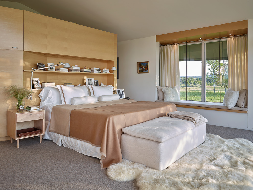 Immagine di una camera da letto minimal con pareti bianche e moquette