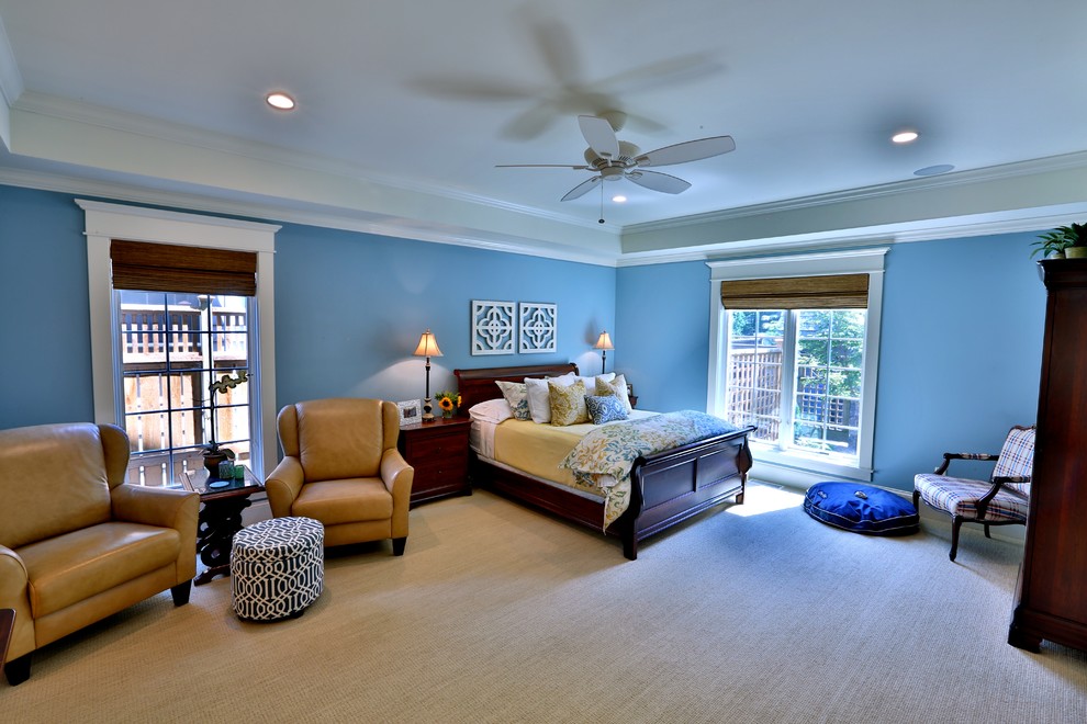 Inspiration for a large timeless master carpeted bedroom remodel in Chicago with blue walls and no fireplace