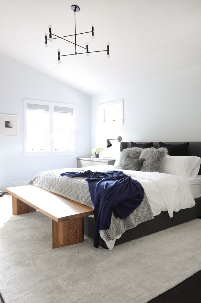 Imagen de dormitorio actual con paredes blancas, suelo de madera oscura y suelo negro