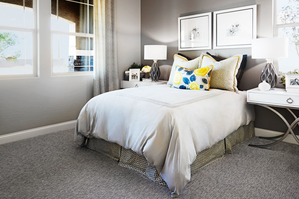 Ejemplo de habitación de invitados contemporánea con paredes grises, moqueta y suelo gris
