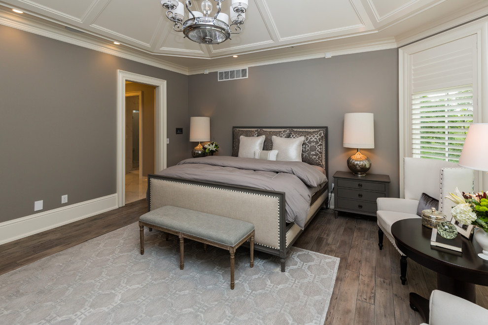 Large transitional master medium tone wood floor bedroom photo in Other with gray walls and no fireplace