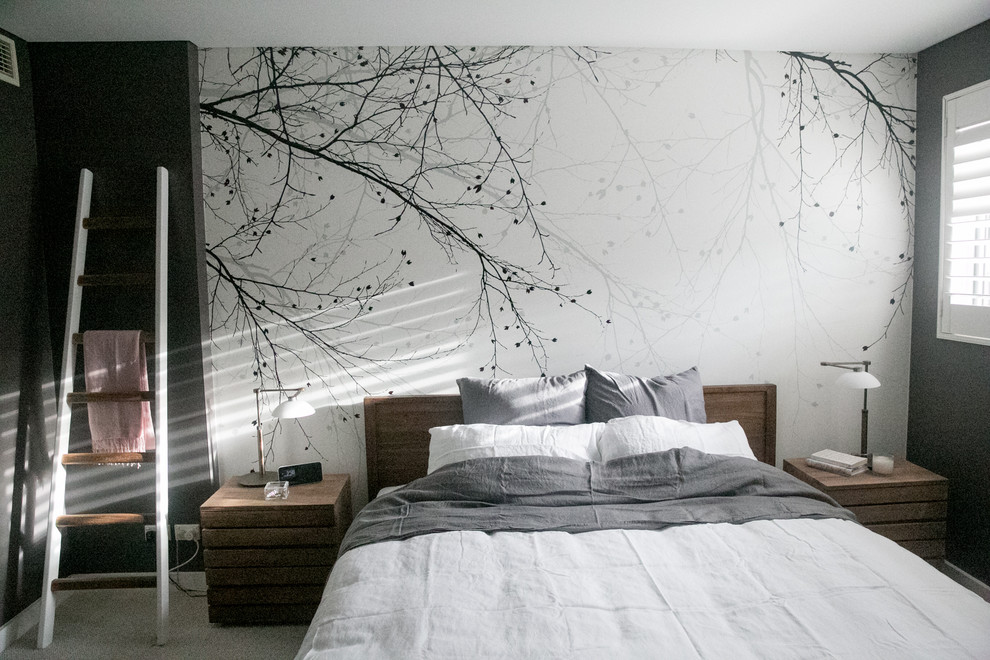 シドニーにある中くらいなモダンスタイルのおしゃれな主寝室 (グレーの壁、カーペット敷き、白い床) のインテリア