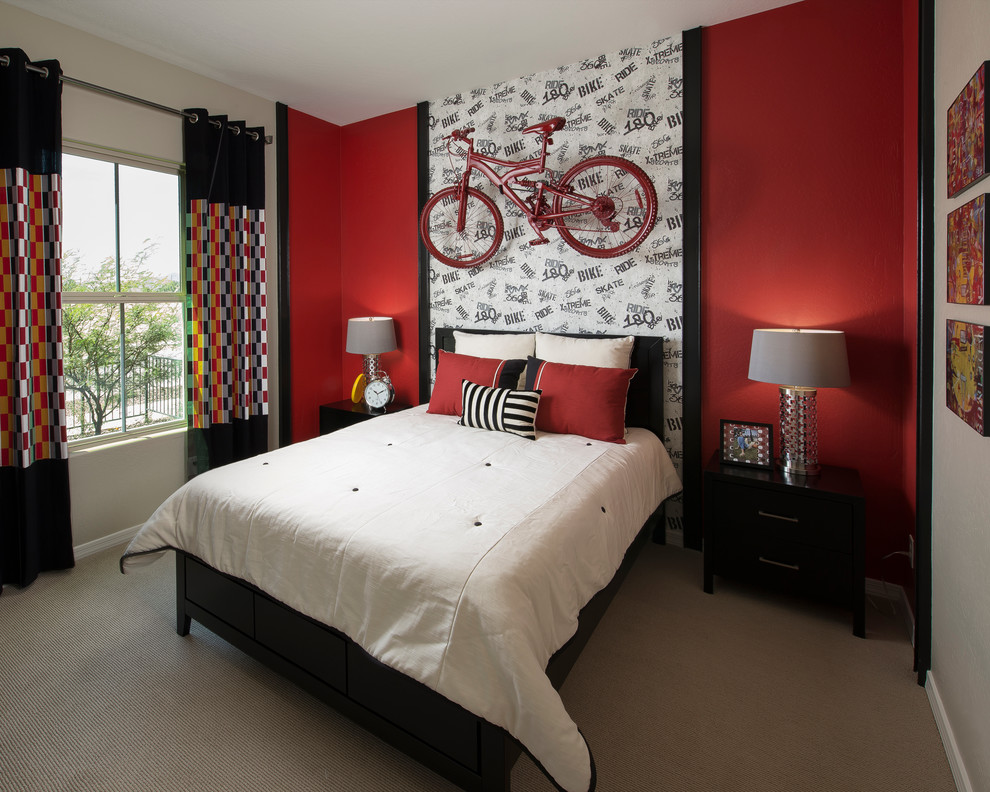 Idéer för att renovera ett funkis sovrum, med röda väggar och heltäckningsmatta