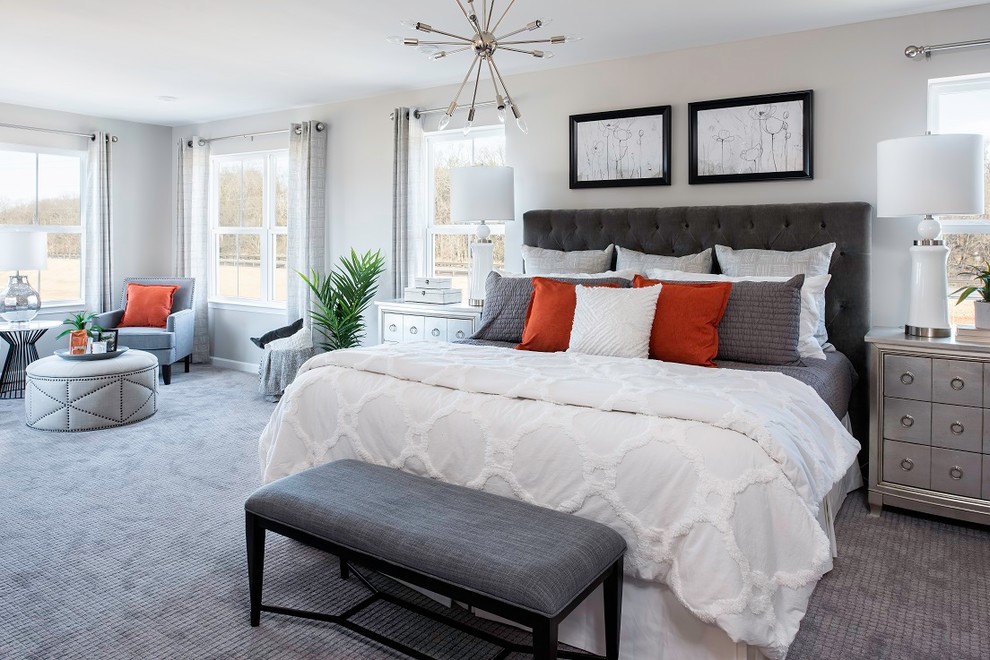 Design ideas for a medium sized classic master bedroom in Baltimore with grey walls, carpet, no fireplace and grey floors.