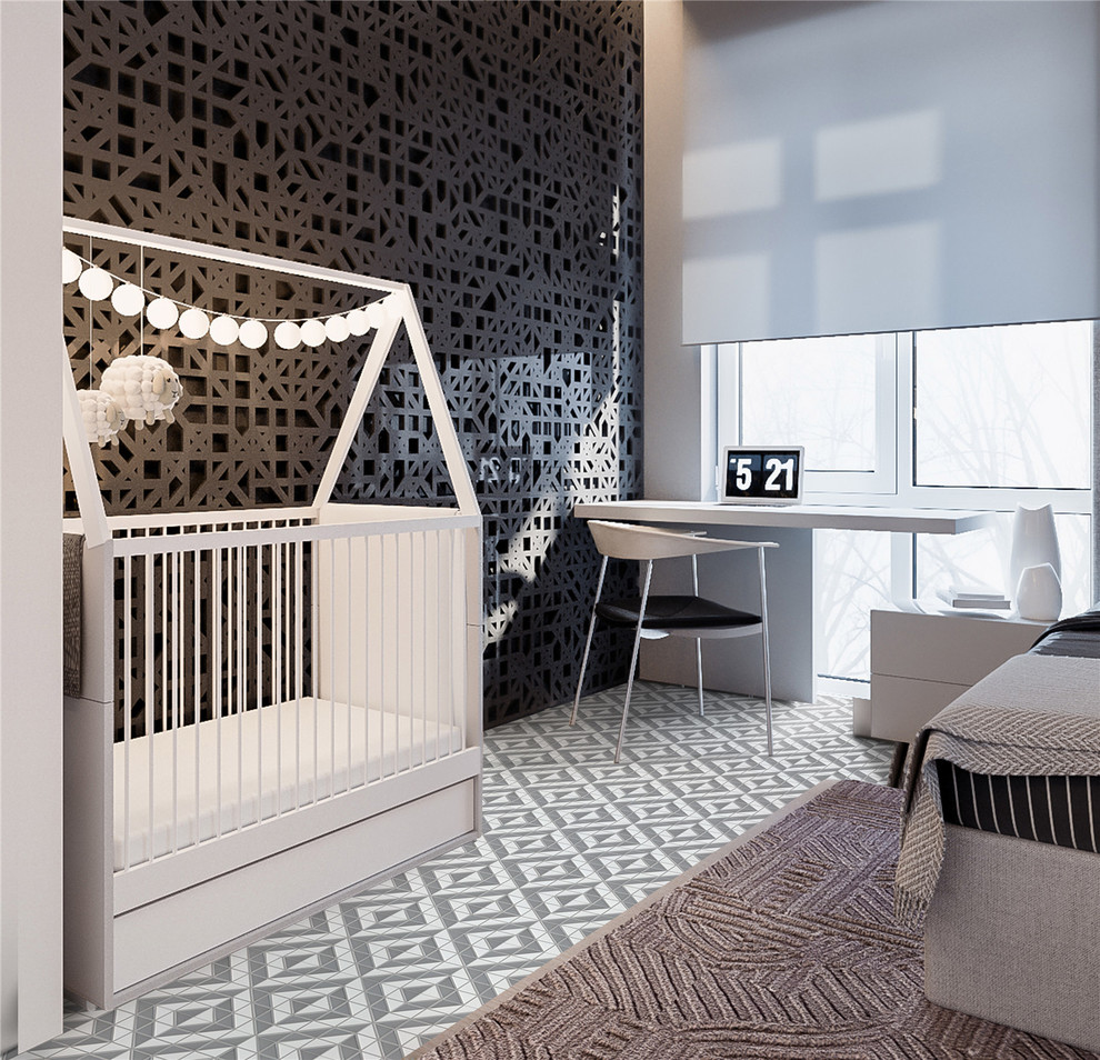 Ispirazione per una camera da letto contemporanea con pavimento in gres porcellanato e pavimento multicolore