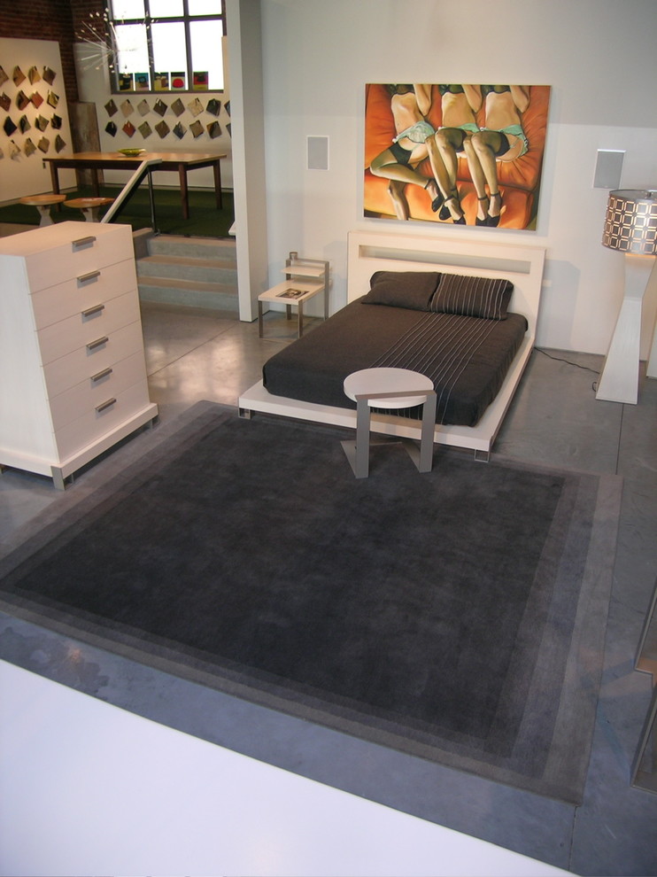 Foto di una camera da letto stile loft minimal con pareti bianche e pavimento in cemento