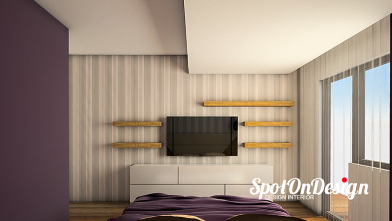 Cette photo montre une chambre d'amis moderne de taille moyenne avec un mur blanc et un sol en bois brun.