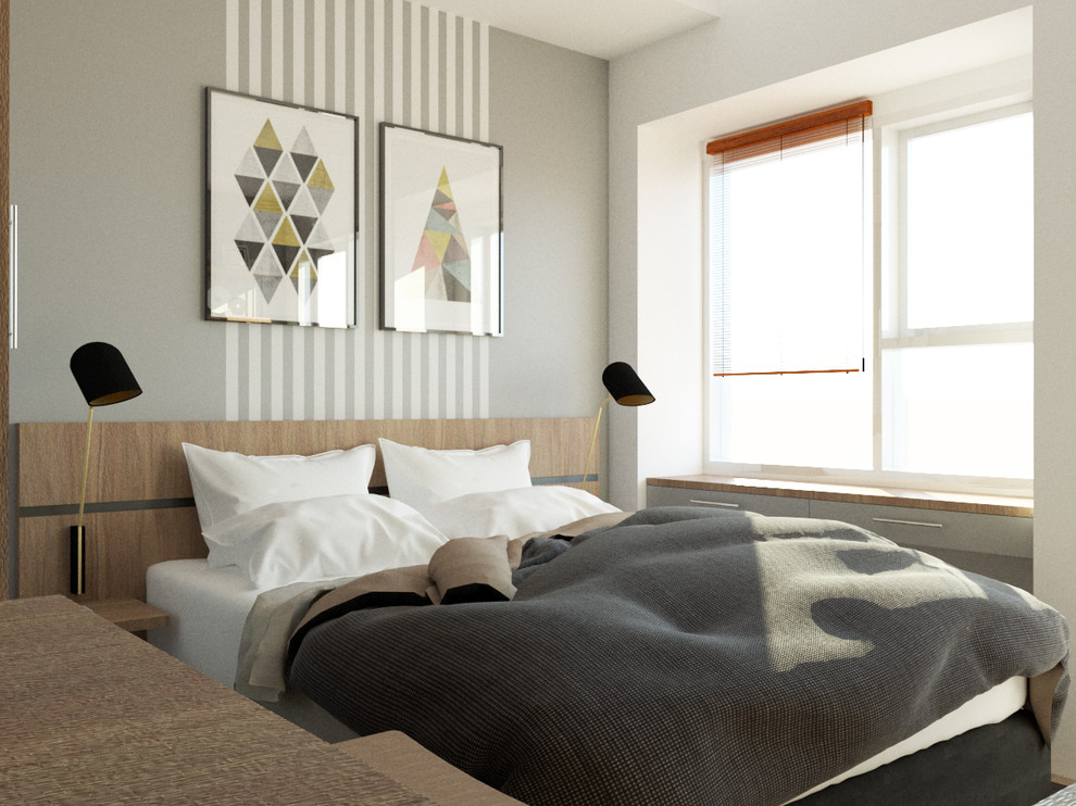 Exemple d'une chambre d'amis scandinave de taille moyenne avec un mur gris, un sol en vinyl et un sol marron.