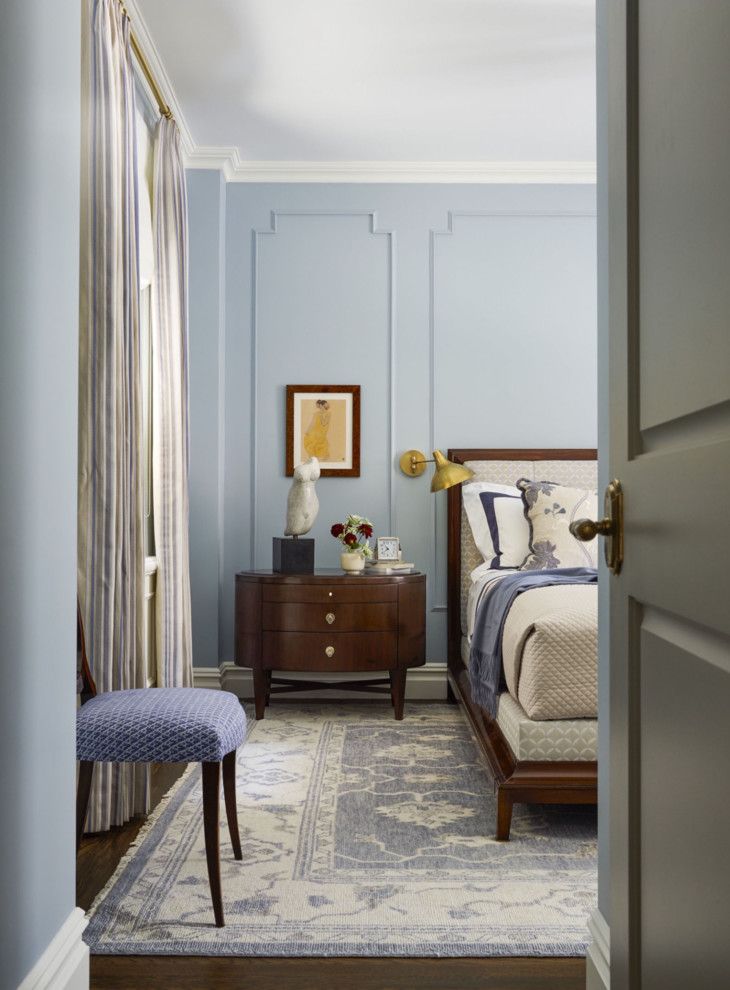 Photo of a medium sized eclectic master bedroom in New York with blue walls, dark hardwood flooring and brown floors.