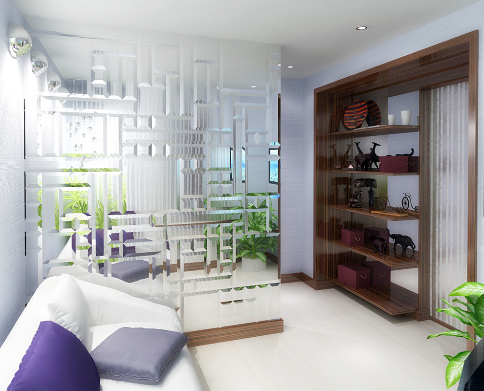 Пример оригинального дизайна: маленькая гостевая спальня (комната для гостей) в современном стиле с серыми стенами и мраморным полом без камина для на участке и в саду