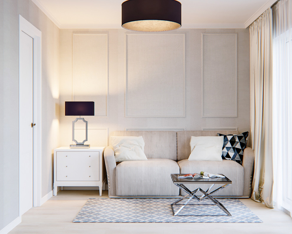 Small modern guest bedroom in Stuttgart with beige walls, light hardwood flooring, no fireplace and beige floors.