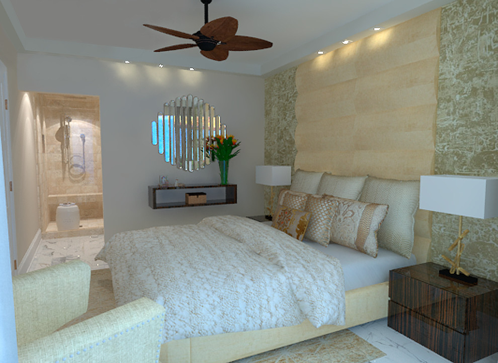 Foto de dormitorio principal moderno pequeño con paredes beige y suelo de mármol