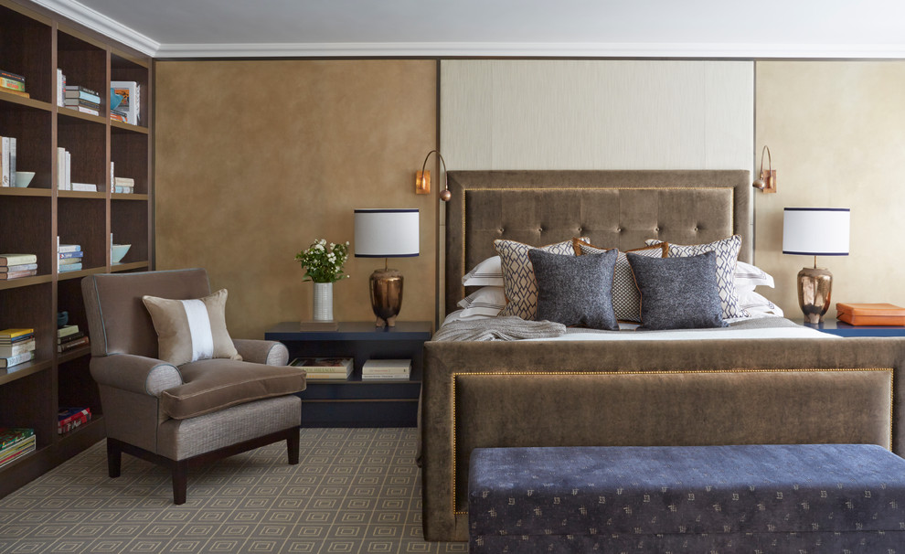 Trendy master bedroom photo in London with beige walls