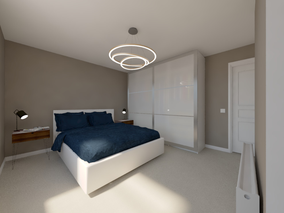 Идея дизайна: маленькая хозяйская спальня в современном стиле с серыми стенами, ковровым покрытием, фасадом камина из штукатурки и бежевым полом без камина для на участке и в саду