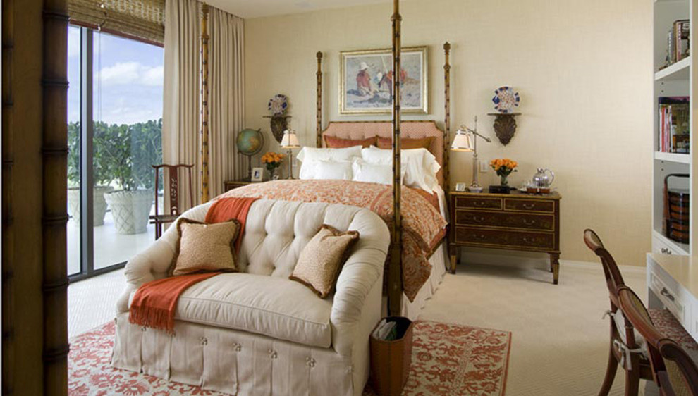 Idée de décoration pour une chambre asiatique de taille moyenne avec un sol beige.