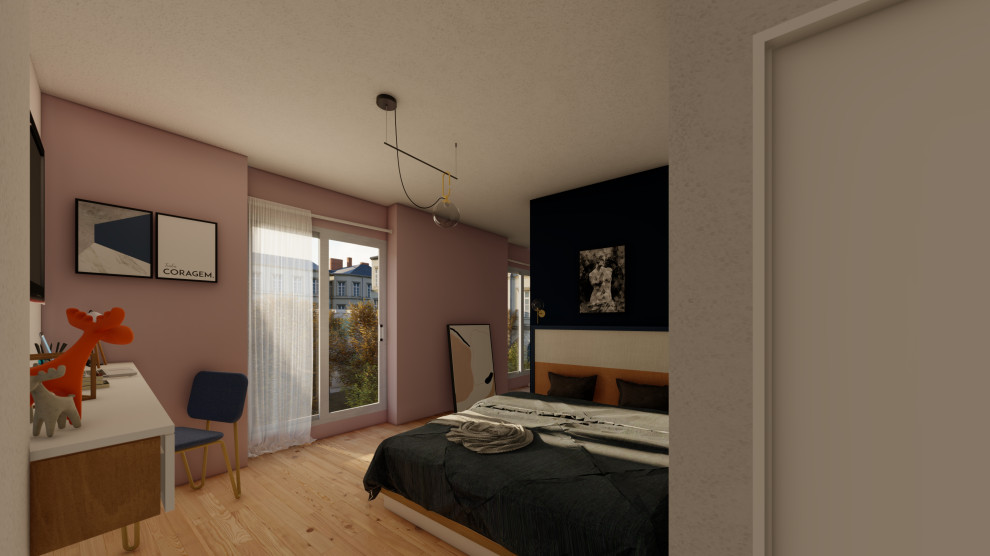 Свежая идея для дизайна: маленькая хозяйская спальня в стиле модернизм с розовыми стенами, полом из керамической плитки и бежевым полом для на участке и в саду - отличное фото интерьера