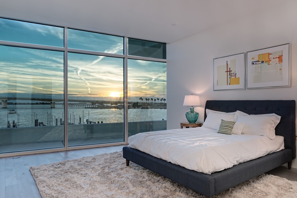 Design ideas for an expansive modern master bedroom in Tampa with white walls, light hardwood flooring and grey floors.