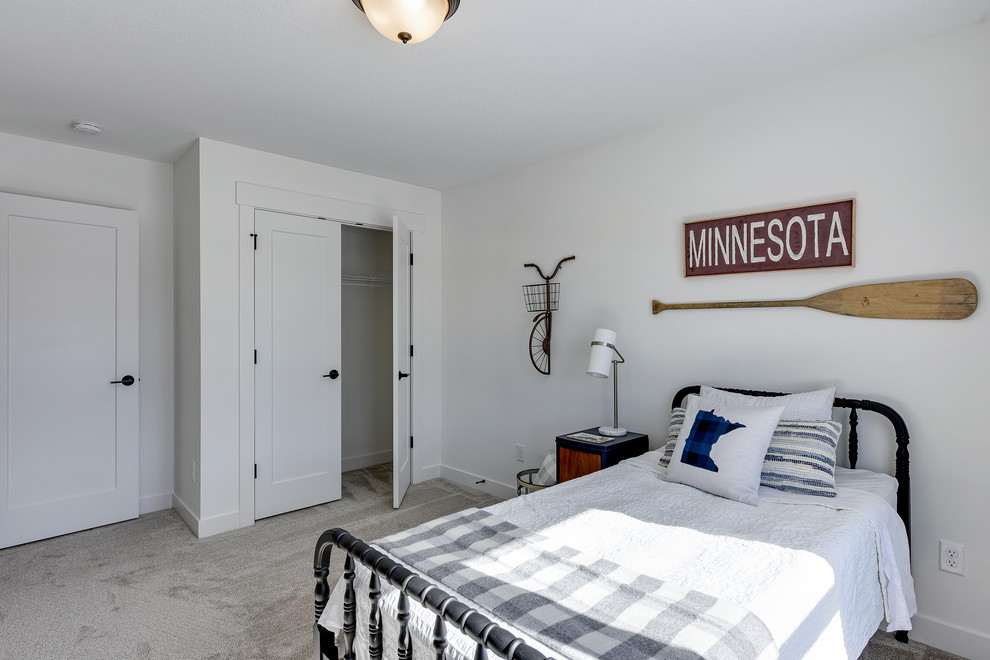 Mid-sized farmhouse guest carpeted and gray floor bedroom photo in Minneapolis with white walls