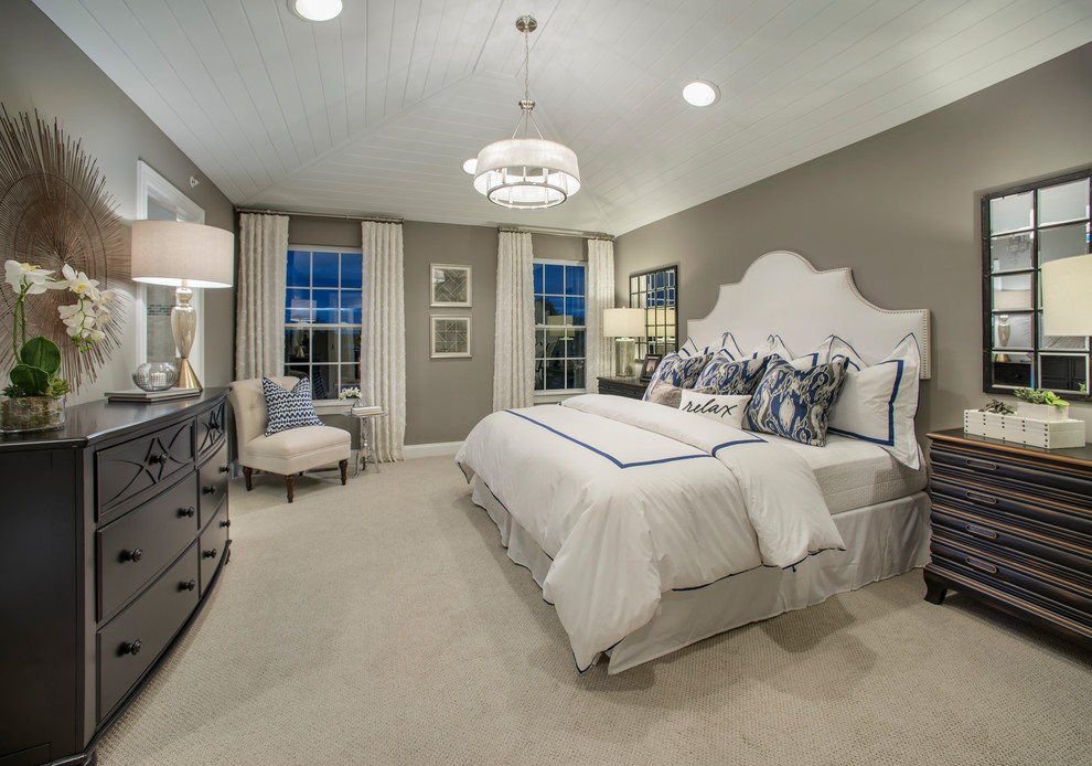 This is an example of a medium sized contemporary master bedroom in Philadelphia with grey walls, carpet, no fireplace and beige floors.