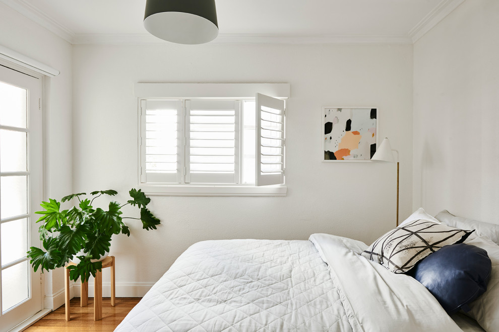 Modernes Schlafzimmer mit weißer Wandfarbe, braunem Holzboden und braunem Boden in Melbourne