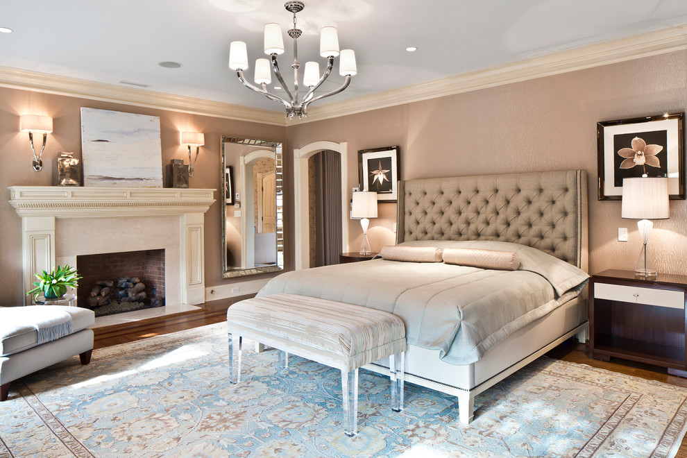 Inspiration for a timeless bedroom remodel in New York with a standard fireplace
