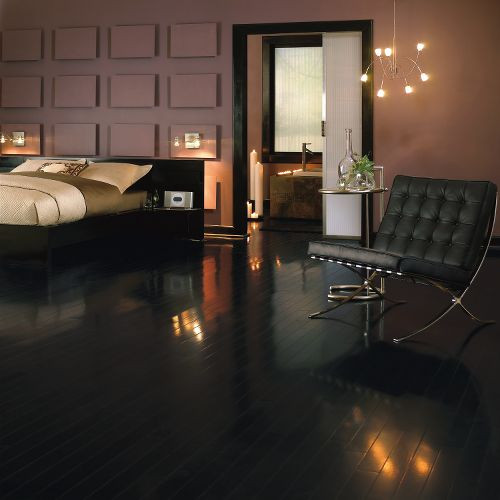 Hauptschlafzimmer mit lila Wandfarbe, dunklem Holzboden und schwarzem Boden in Chicago