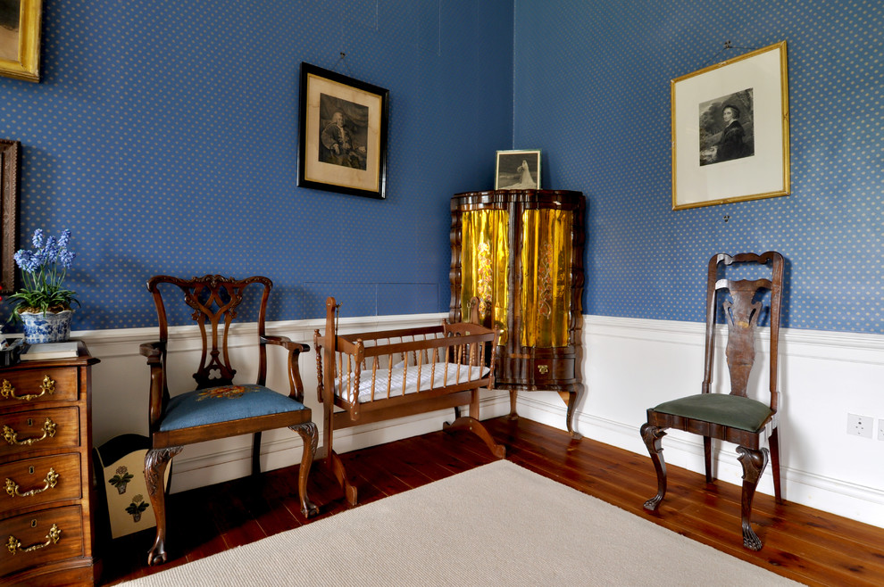 Bedroom - large traditional guest dark wood floor bedroom idea in Edinburgh with blue walls