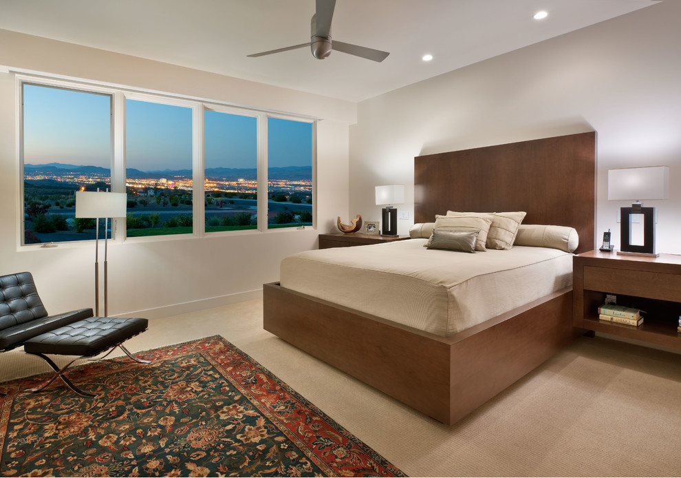 Inspiration for a large contemporary master bedroom in Other with beige walls and carpet.