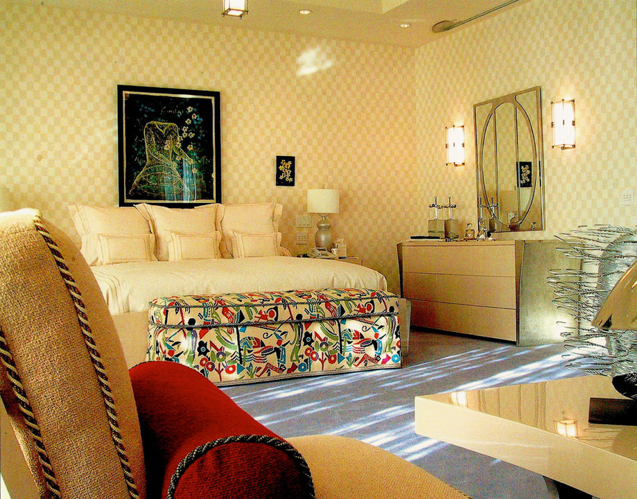 Example of a large minimalist master carpeted and purple floor bedroom design in New York with beige walls