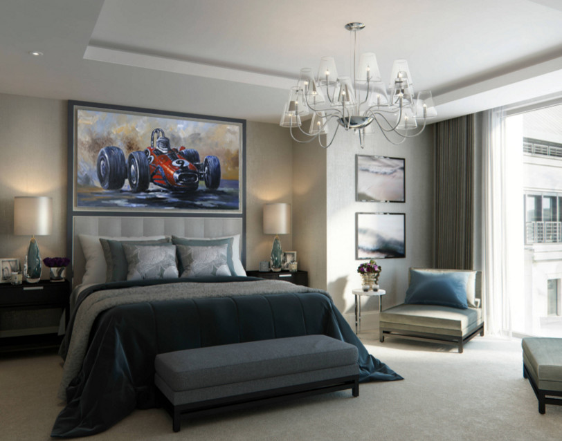 На фото: гостевая спальня среднего размера, (комната для гостей) в стиле неоклассика (современная классика) с серыми стенами и полом из фанеры с