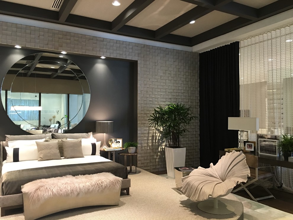 Ejemplo de dormitorio bohemio con paredes grises