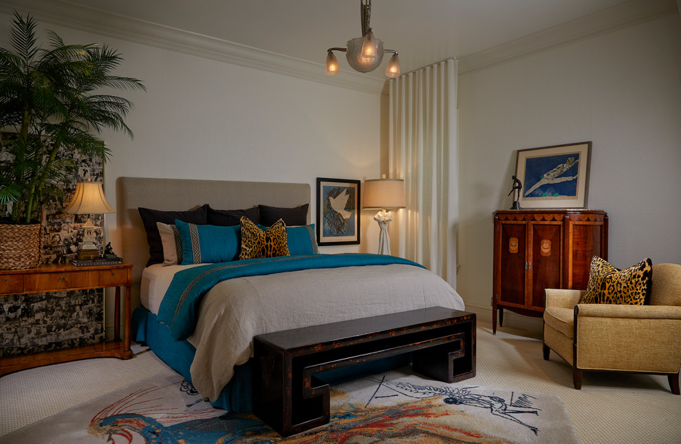 Design ideas for a world-inspired guest bedroom in Miami with wallpapered walls.