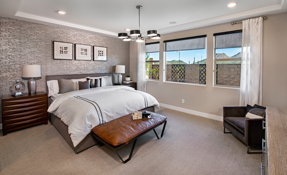 Inspiration for a traditional grey and silver bedroom in Phoenix with beige walls, carpet and grey floors.