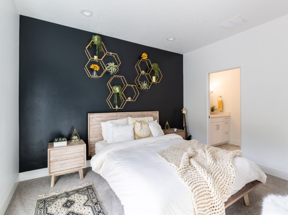 Ispirazione per una camera degli ospiti moderna con pareti nere, moquette e pavimento grigio