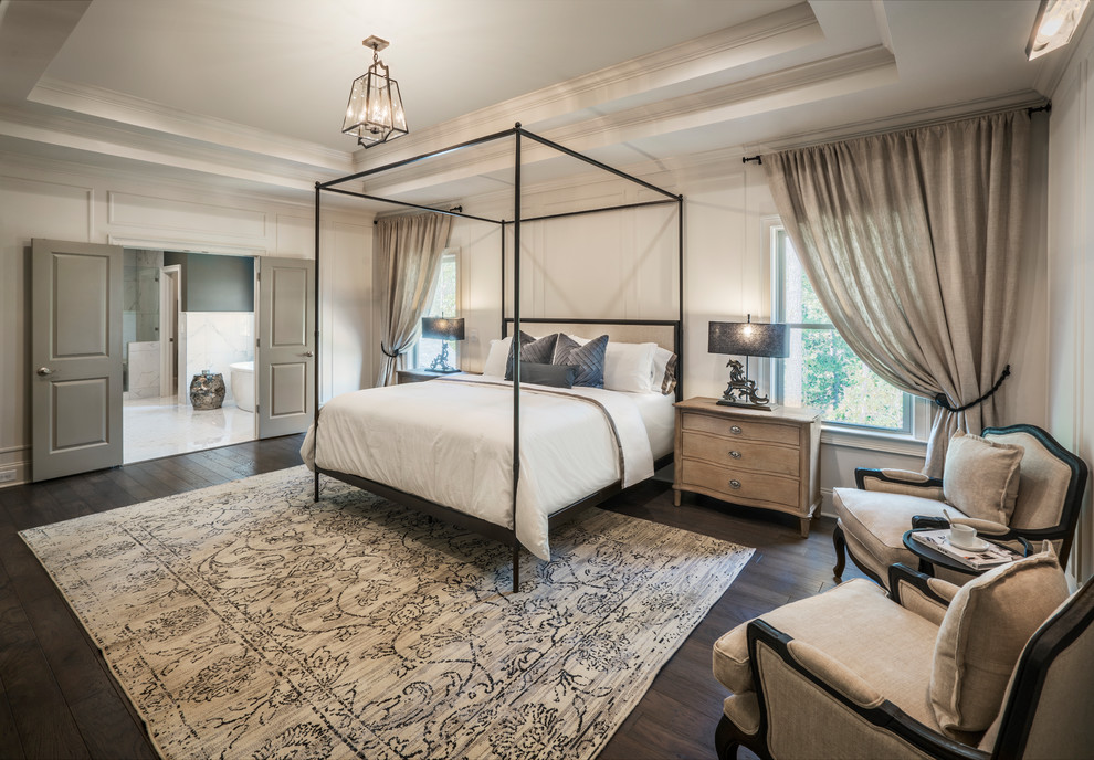Photo of a classic master and grey and brown bedroom in Atlanta with white walls, dark hardwood flooring and brown floors.