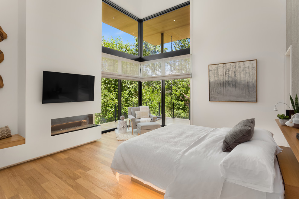 Design ideas for an expansive contemporary master bedroom in Portland with white walls, light hardwood flooring, a ribbon fireplace and beige floors.