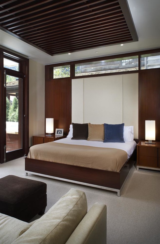 Источник вдохновения для домашнего уюта: спальня в современном стиле с бежевыми стенами и ковровым покрытием