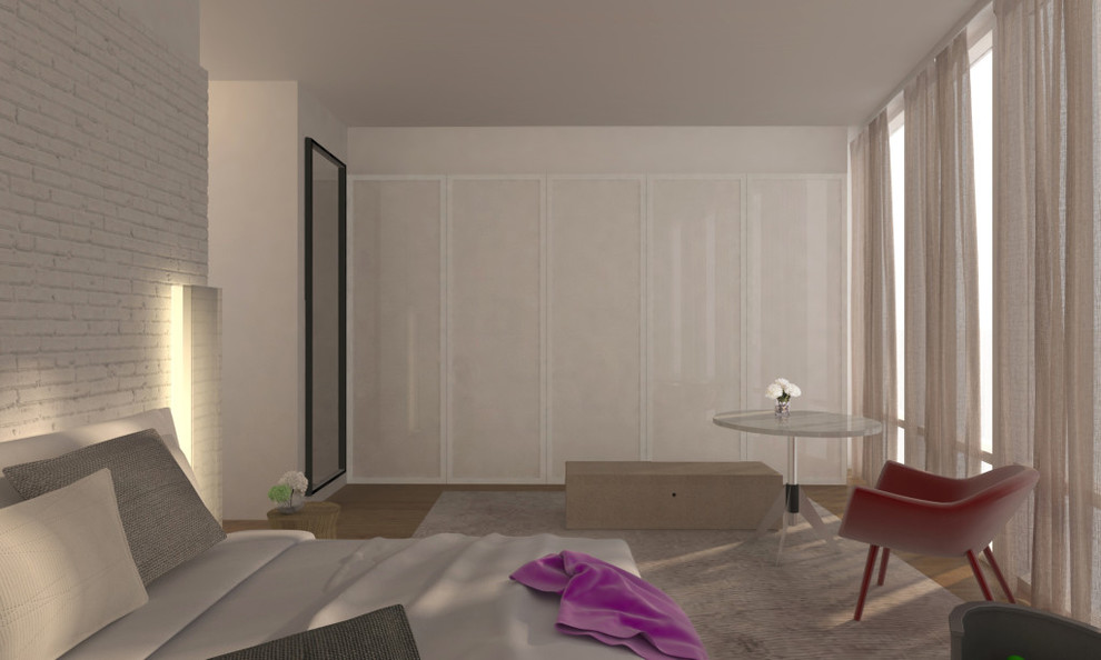 Свежая идея для дизайна: большая хозяйская спальня в стиле модернизм с белыми стенами, светлым паркетным полом и бежевым полом - отличное фото интерьера