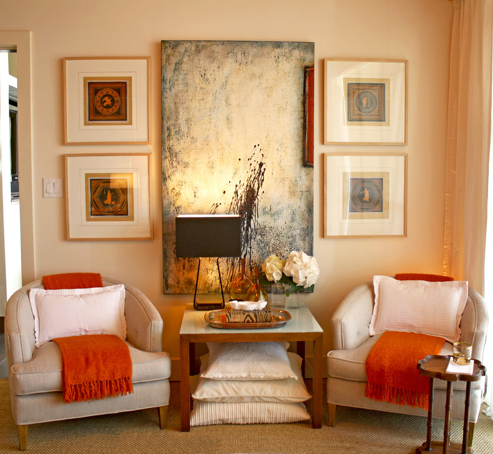 Example of a transitional carpeted bedroom design in Orange County with beige walls
