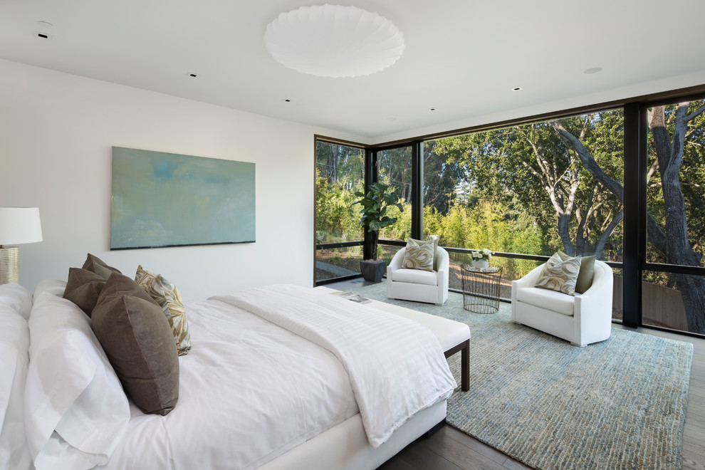 Modernes Schlafzimmer mit weißer Wandfarbe, dunklem Holzboden und braunem Boden in San Francisco