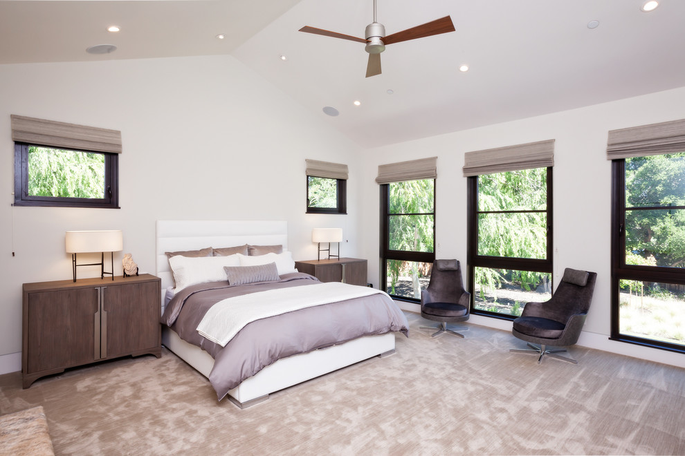 На фото: большая хозяйская спальня в современном стиле с бежевыми стенами, ковровым покрытием и коричневым полом без камина с