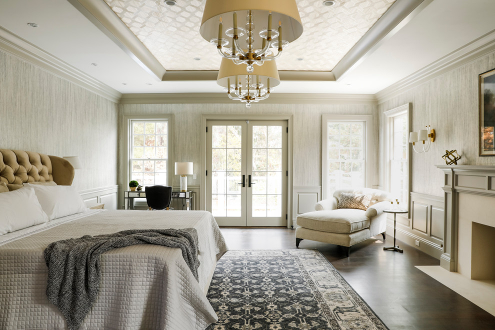 Inspiration for a classic bedroom in San Francisco with a standard fireplace, a drop ceiling and wainscoting.