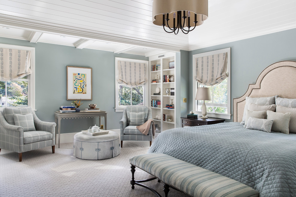 Large classic master and grey and teal bedroom in San Francisco with grey walls, carpet, grey floors and feature lighting.