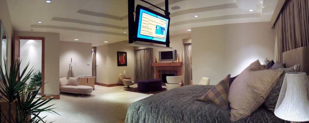 Cette photo montre une chambre avec moquette chic avec une cheminée standard et un manteau de cheminée en pierre.