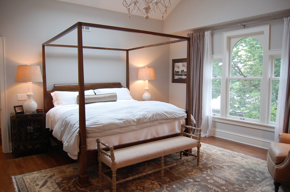 Idéer för att renovera ett vintage sovrum, med grå väggar och mörkt trägolv