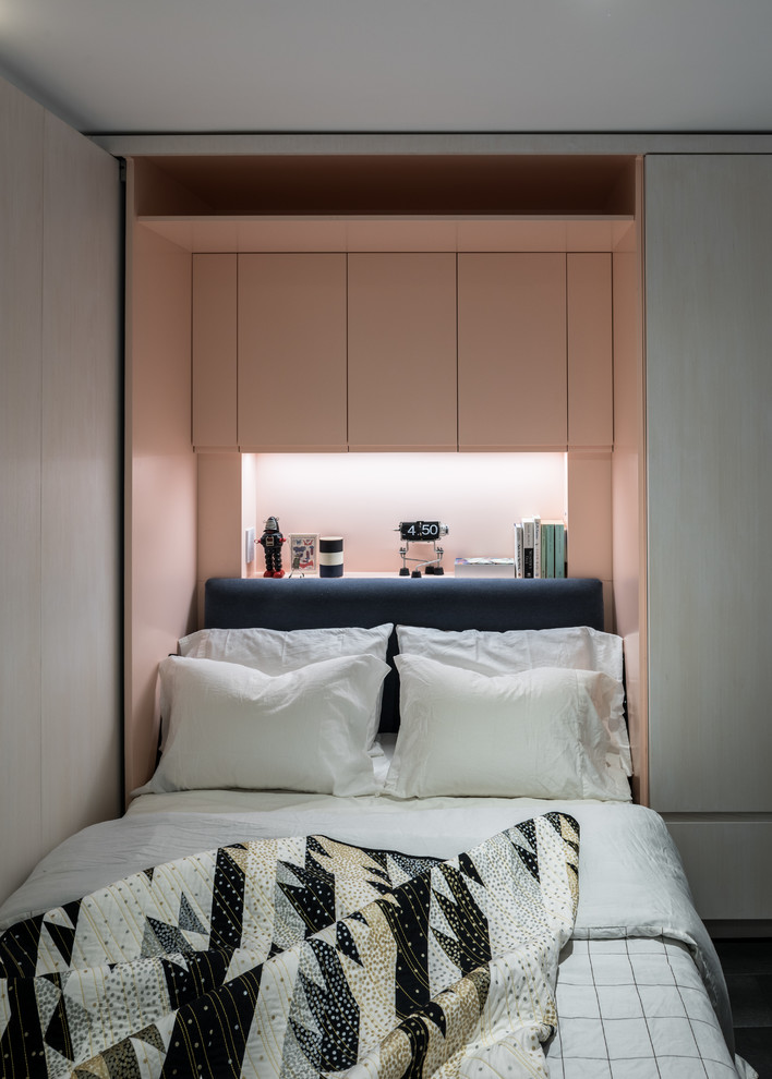Пример оригинального дизайна: маленькая хозяйская спальня в современном стиле с розовыми стенами для на участке и в саду